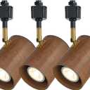 Modern H Type Track Lighting, Adjustable Black Finish and Real Dark Wood Lampshade Spotlight Heads, Brass Swivel Item Kit, for Accent Retail-Pack of 3 (Natural Walnut Wood)