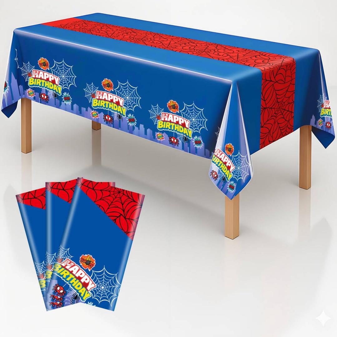 Birthday Parties Plastic Tablecloth, Spider Themes Disposable Table Covers 54 x 108 Inch Web Cartoon Pattern Table Cloths Party with Friends and Family (Spider - Blue Cloth, 3pcs)