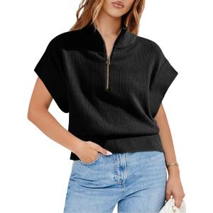 Langwyqu Womens Short Sleeve Cropped Knit Tops Half Zip Cap Sleeve Lightweight Oversized Sweater Vest (X-Large, Black)