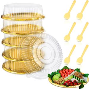Tessco 6 Pack Plastic Serving Platters with Lid and Sporks, Disposable Heavy Duty Party Tray Round Catering Tray Containers for Food Salad Sandwich Takeout Picnic Supplies(12 Inch,Gold, Yellow)