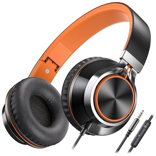 AILIHEN Kids Headphones, Headphones Wired with Microphone and Volume Control Folding Stereo Corded On-Ear 3.5mm Headset for Boys Girl Cellphones Tablets Chromebook Laptop Computer (Black/Orange)