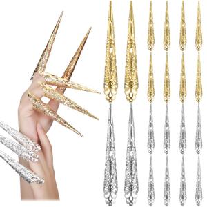 20 Packs Halloween Finger Nail Claw Rings Ancient Queen Fingernail Metal Finger Knuckle Claw for Halloween Women Cosplay Costume Drama Dance Show(Gold, Silver)