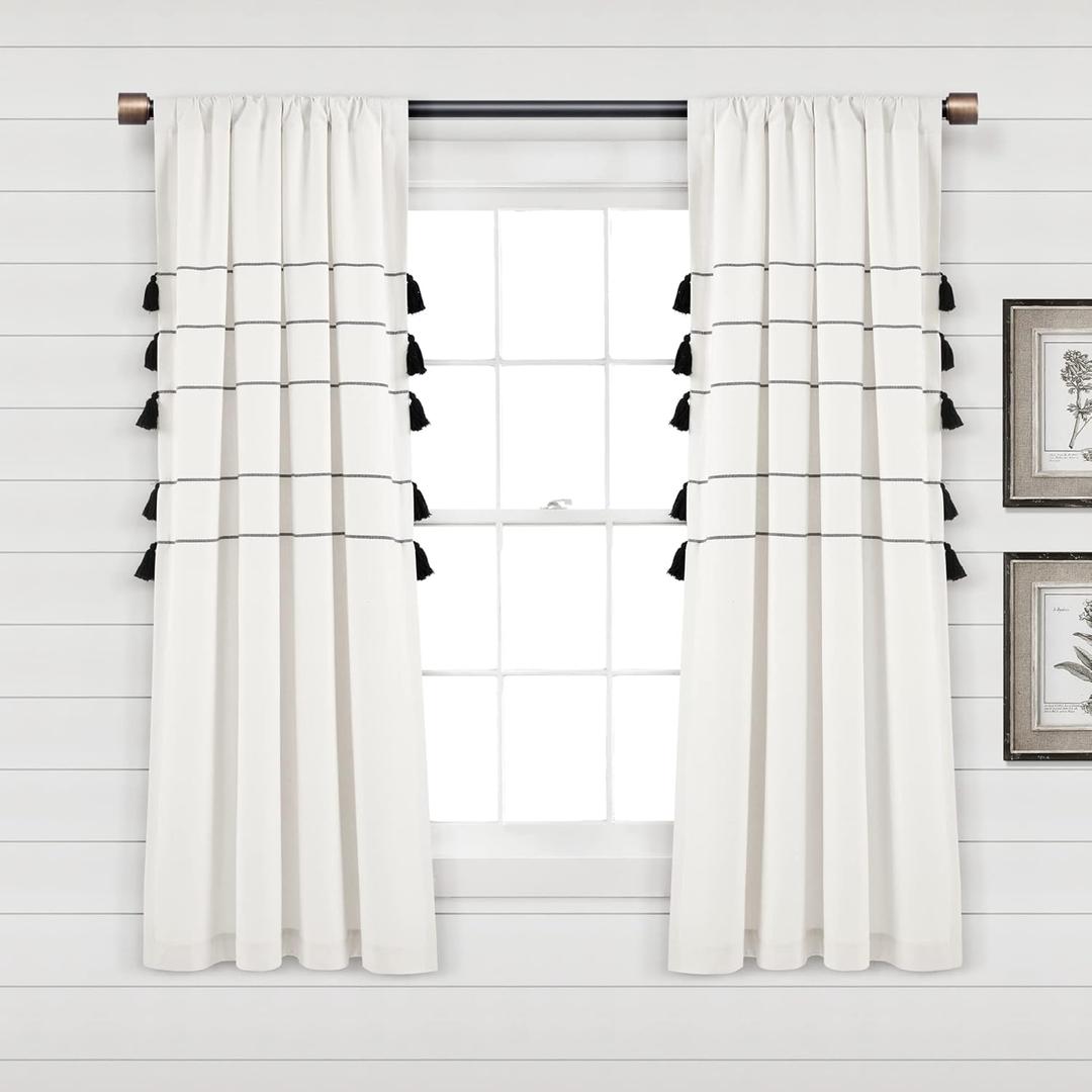 Lush Decor Farmhouse Boho Stripe Woven Tassel Yarn Dyed Cotton Window Curtain Panel Pair, 63" L x 42" W, Ivory & Black