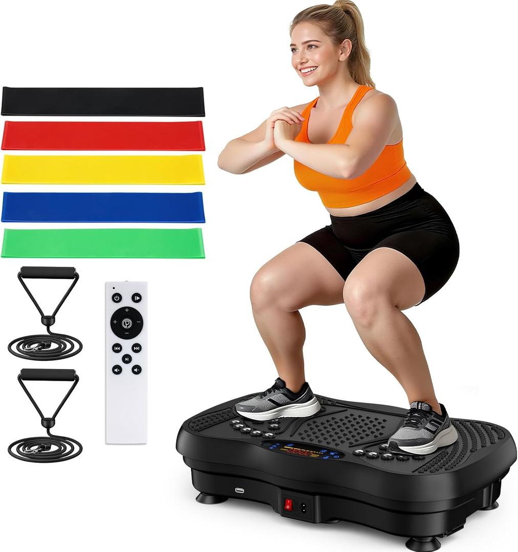 Vibration Plate Exercise Machine, 130 Levels Full Body Workout Vibrating Plate for Lymphatic Drainage Weight Loss, 450 Lbs Capacity Shake Platform with Resistance Bands Bluetooth for Women Men (Large, Black)