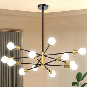 Sputnik Chandelier 12-Light, Mid Century Modern Height Adjustable Ceiling Light Fixture for Dining Room, Kitchen Island, Living Room,Bedroom-Black and Gold