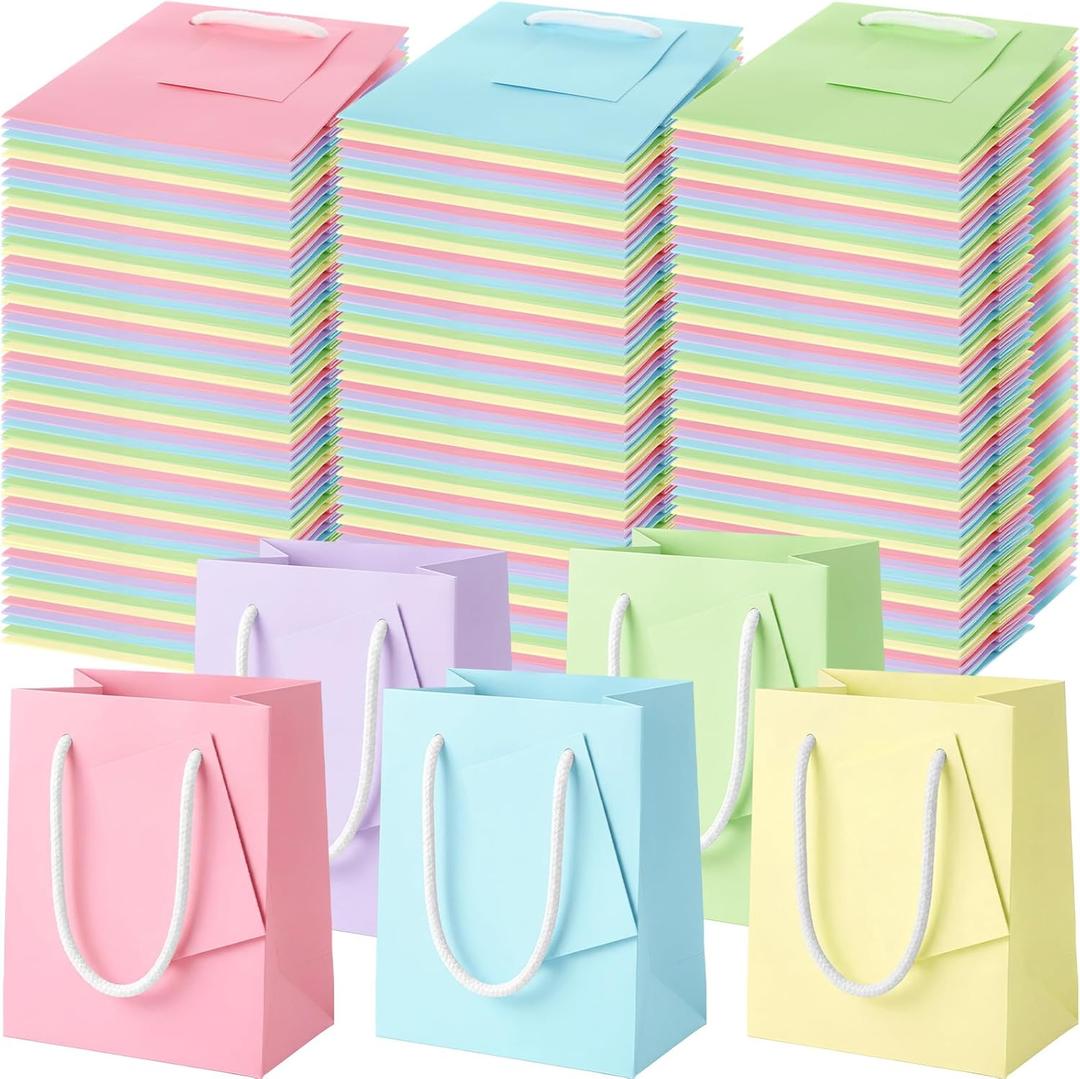 Sherr 100 Pcs Mini Gift Bags Bulk, 4 x 2.75 x 4.5 in Paper Bag with Tag, Extra Small Paper Gift Boxes with Handles for Birthday, Party Favor, Wedding, Small Business, Spring Easter(Macaron Colors)