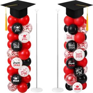 Thenshop 2 Sets Black Red Graduation Balloon Column Stand Kit 2026- Balloon Tower Stand Kit with 100 Balloons with 7ft Adjustable Height with Paper Grad Cap Toppers for Grad Party Decor Supplies