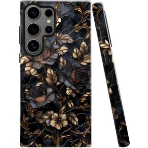Case for Samsung Galaxy S25 Ultra,Stained Glass Gold Dark Academia Flower Phone Case Military-Grade Drop Protection Cover for Women Girl - Glossy
