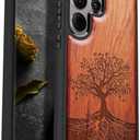 Carveit Wood Case for Galaxy S24 Ultra Case [Natural Wood & Black Soft TPU] Shockproof Protective Cover Unique Wooden Design Compatible with Samsung S24 Ultra (Tree with Roots-Rosy)