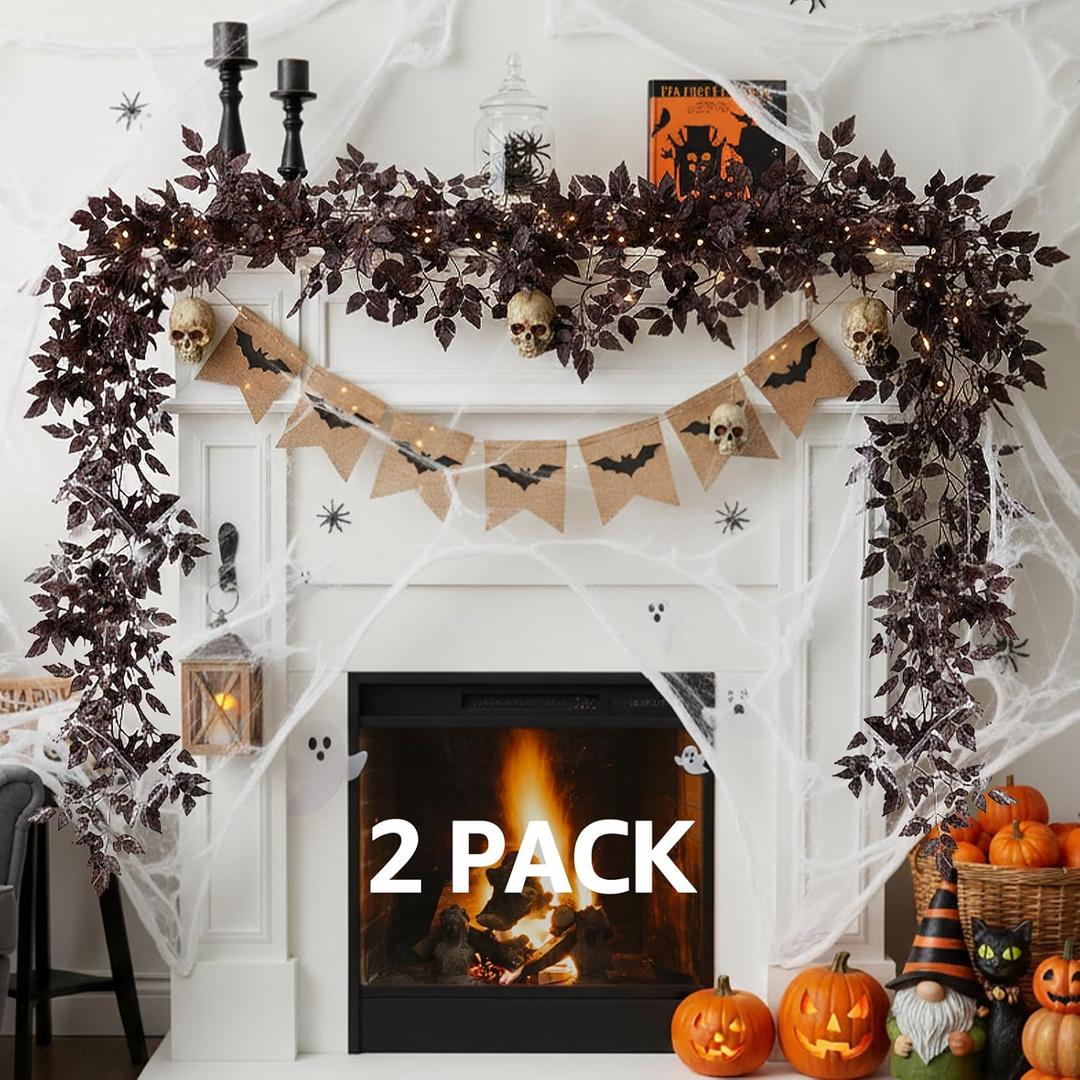 Neutral Fall Garland for Mantle - 2 Pack 9Ft Plum Cimicifuga Seeded Leaf Garlands Purple Autumn Dcor Fireplace and Table Decorations for Home Indoor Door Halloween Realistic Leaves Outdoor