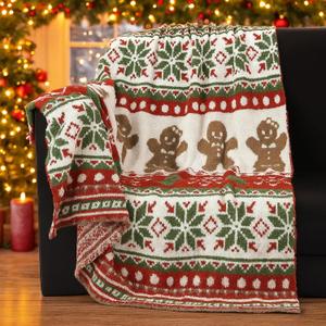 Namalu Large Chrismas Gingerbread Throw Blanket 50 x 60 Inch Soft Xmas Gingerbread Man Knit Throw Reversible Knitted Blanket for Couch Bed Sofa, Microfiber Lightweight Decorative Poinsettia