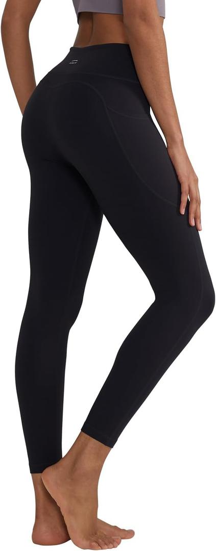 ALONG FIT High Waisted Leggings with Pockets, Tummy Control Workout Leggings for Women 25 Soft Yoga Pants Gym Sport Lounge (Large, Black-side Pocket)