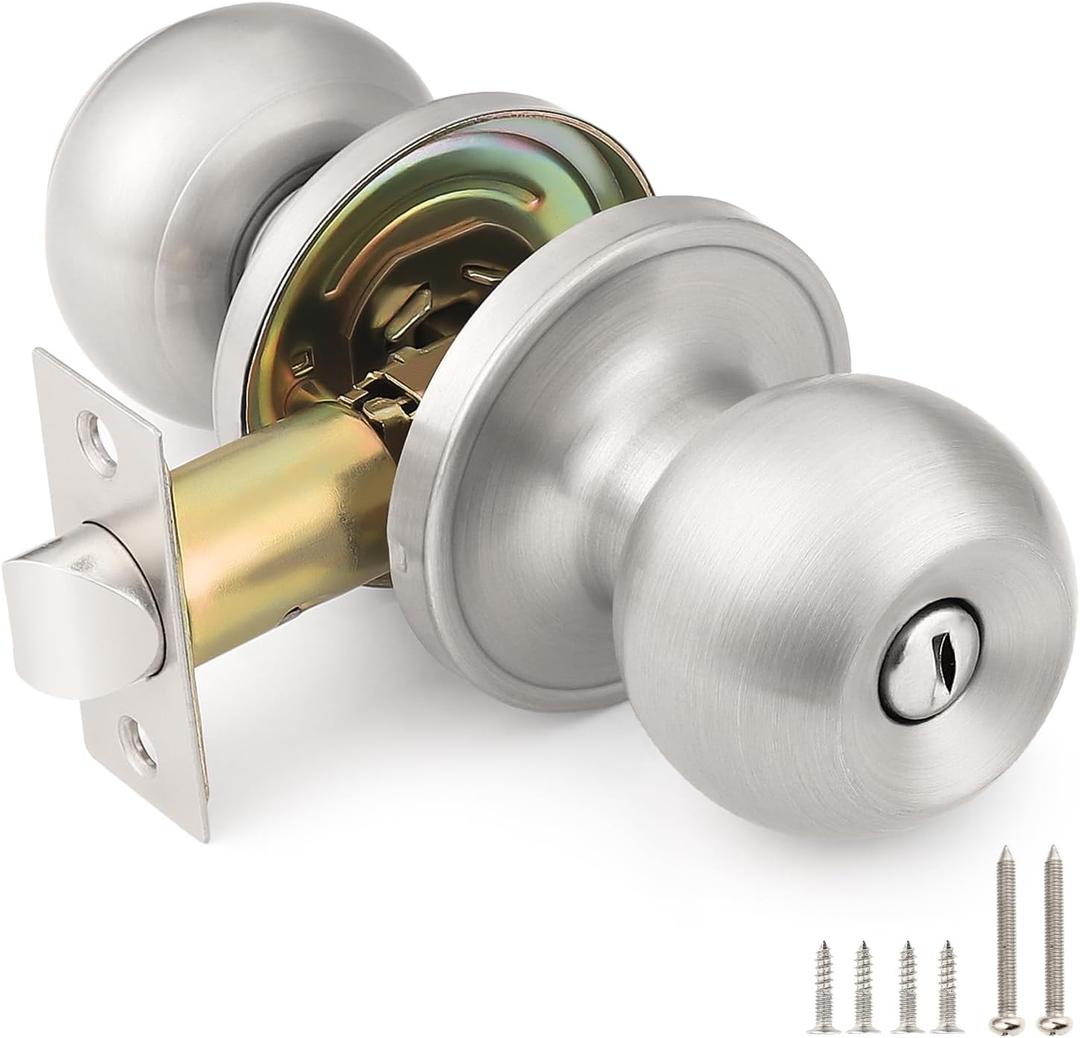 KNOBWELL Brushed Nickel Door Knob for Bedroom Bathroom, Interior Door Knobs with Round Ball Knob, Keyless Privacy Door Knob with Lock, Indoor Door Handle, 1 Pack