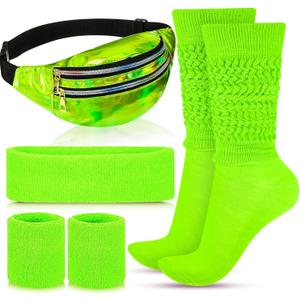 Tarpop 80s Neon Women Slouch Socks 90s Headbands Wristbands Fanny Pack Leg Warmers Sweatbands Waist Bag Women Party Costume (Green)