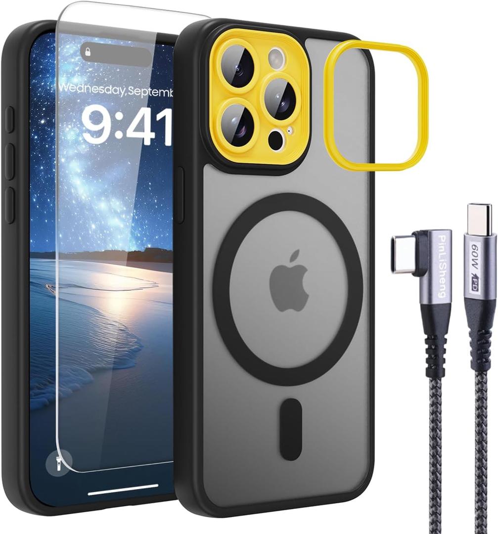 4 in 1 Magnetic for iPhone 16 Pro Case [with 1X Screen Protector, Braided Cable, Removable Lens Case] [Mil-Grade Drop Protection] Shockproof Slim Translucent Matte Protective Phone Case, Black