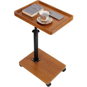 YYW Adjustable C Shaped End Table with Wheels - 360 Swivel TV Tray Table for Sofa/Bed/Bathtub, Slide Under Couch, Height Adjustable (17.7-31.5 Inches),Living Room, Bedroom, Study (raw Wood Color)