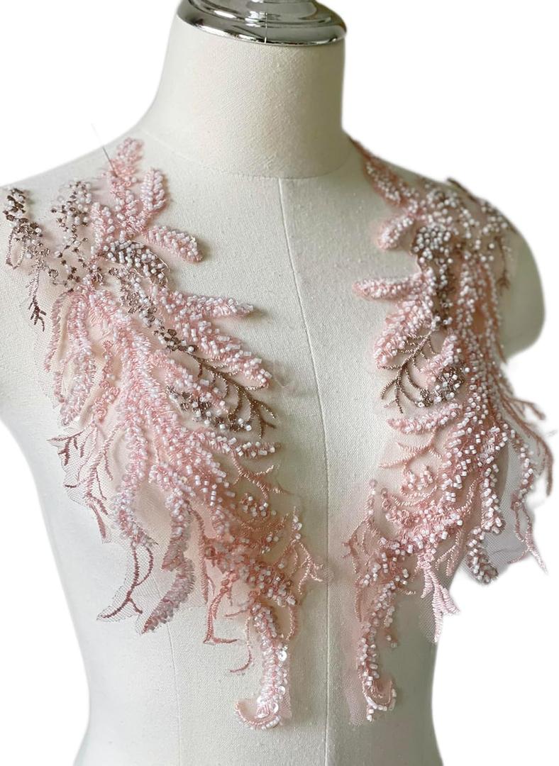 Beaded Applique, Flower Sequin Patch, Pink Lace Applique for DIY Neckline Wedding Bridal Prom Dresses Costumes 14.1x4.9 inches 1 Pair (Pink)