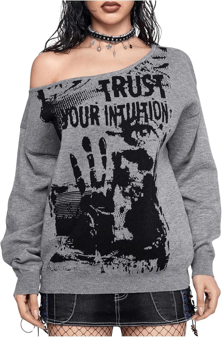 GORGLITTER Women's Off The Shoulder Sweater Gothic Clothes Y2k Graphic Oversized Cozy Chunky Knit Sweaters Streetwear Dark Grey Large (Gray, L)