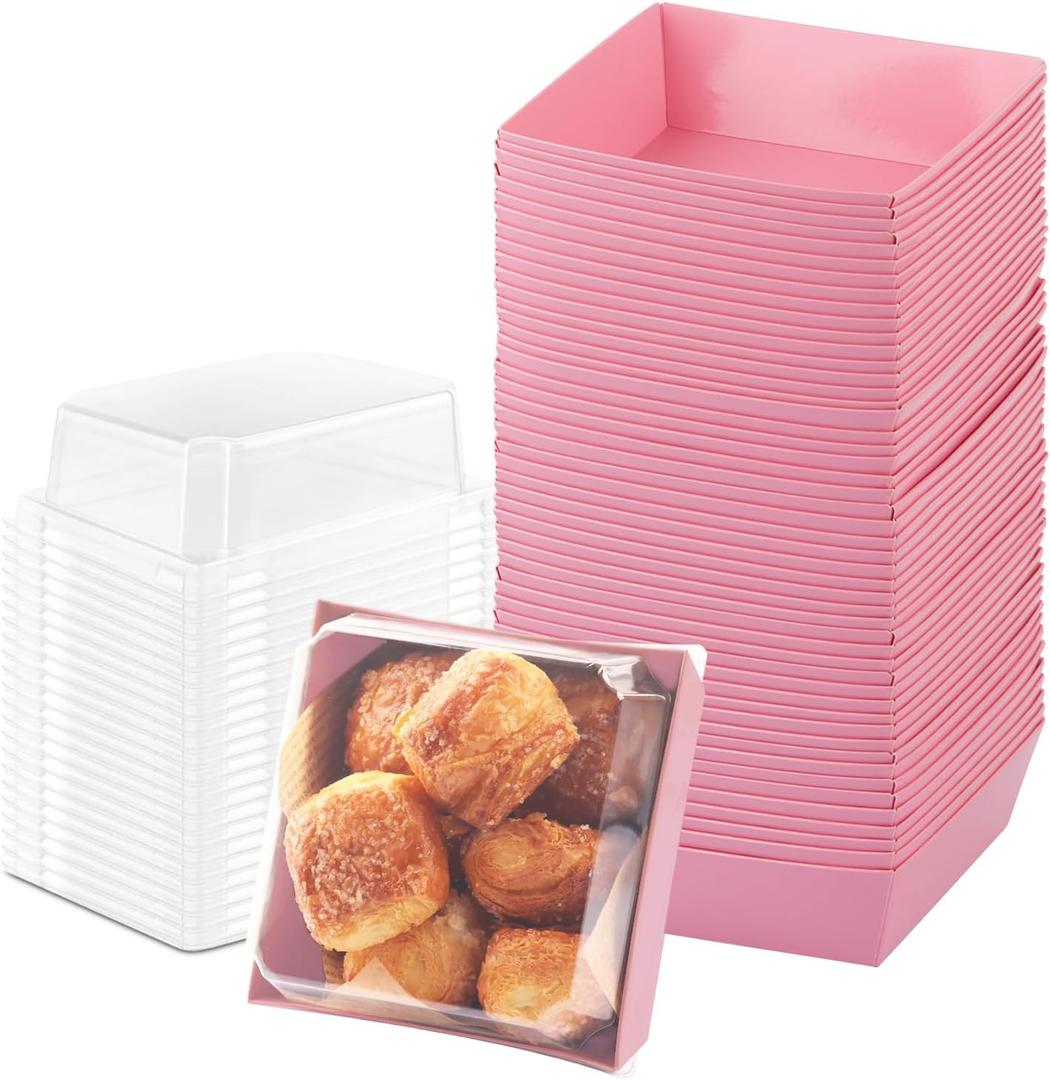 BUIYLV 50 Pack Charcuterie Boxes with Clear Lids, 4 Inches Pink Dessert Boxes To Go Disposable Mini Charcuterie Boxes for Cookie, Sandwich, Strawberry, Cupcake, Macaron, Cake Slice