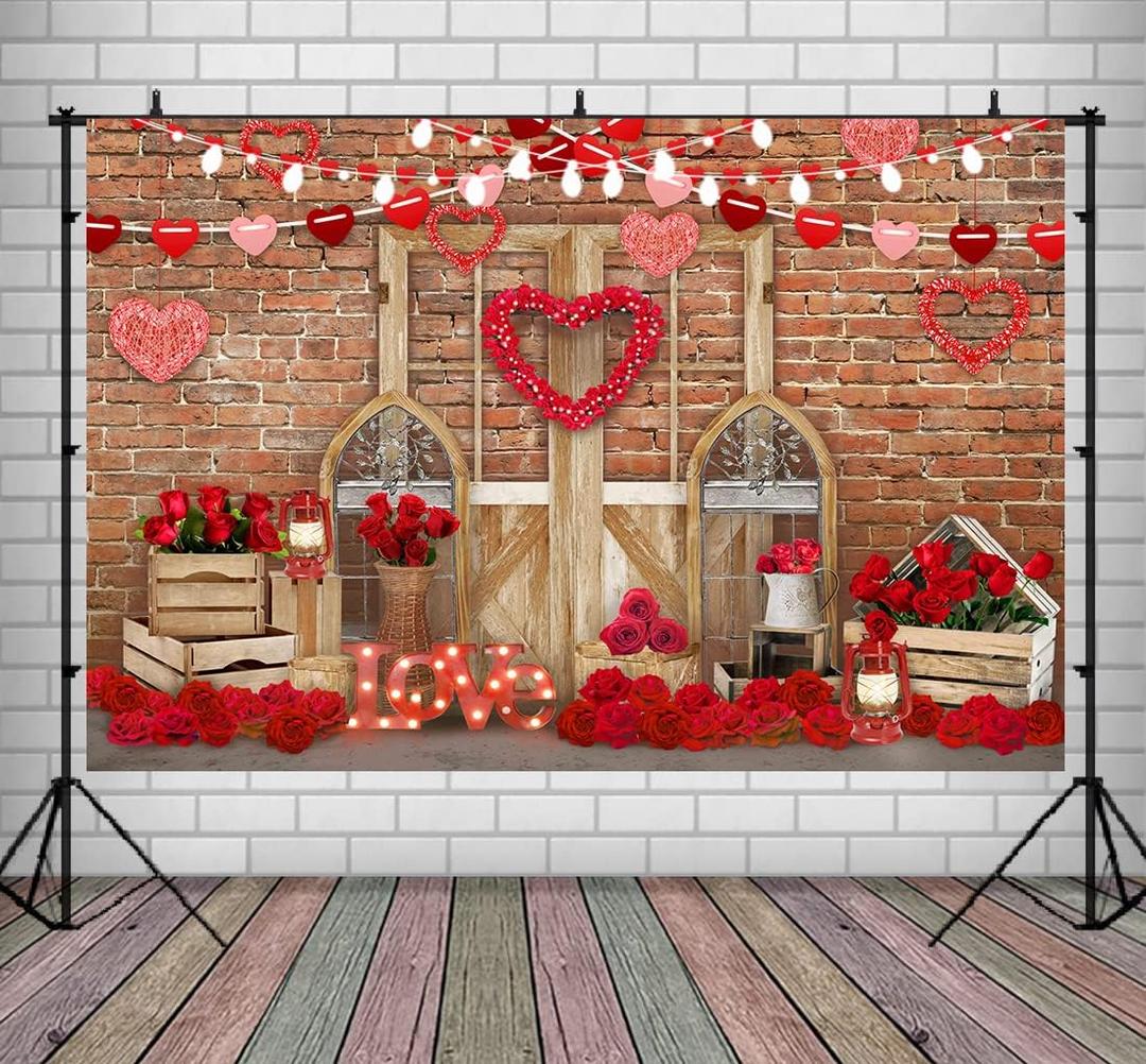 Lofaris Valentine's Day Party Backdrop for Photography Rustic Wood Door Brick Wall Red Heart Mother's Day Background Birthday Baby Shower Portrait Photo Booth Props 9x6ft