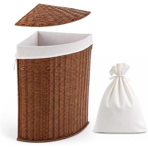 Corner Wicker Laundry Hamper with Lid and Removable Liner Corner Wicker Laundry Basket Washing Clothes Basket Storage Bin for Bedroom Bathroom, 14 x 14 x 24.5 inches