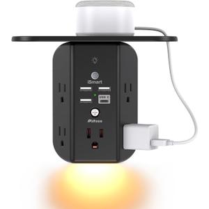 Wall Outlet Extender with Shelf and Night Light,Surge Protector,USB Wall Charger with 5 USB Outlets and 3 USB Ports 1 USB C Outlet