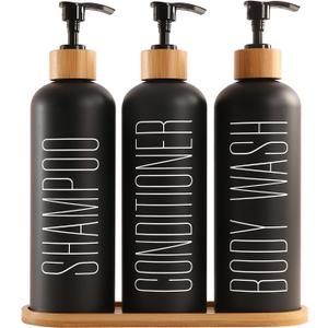 Prus Waso Shampoo and Conditioner Dispenser with Bamboo Pumps & Tray, Perfect for Bathroom Essentials for New Home (Black)