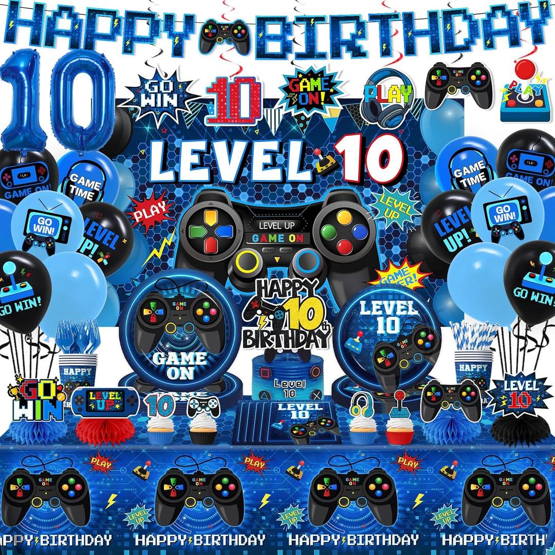 10 Birthday Decorations for Boys,197pcs Gamer Birthday Party Decorations Level 10 Birth day Decorations Plates and Napkins Cups Tablecloth Banner Honeycomb for Video Game Party Decorations