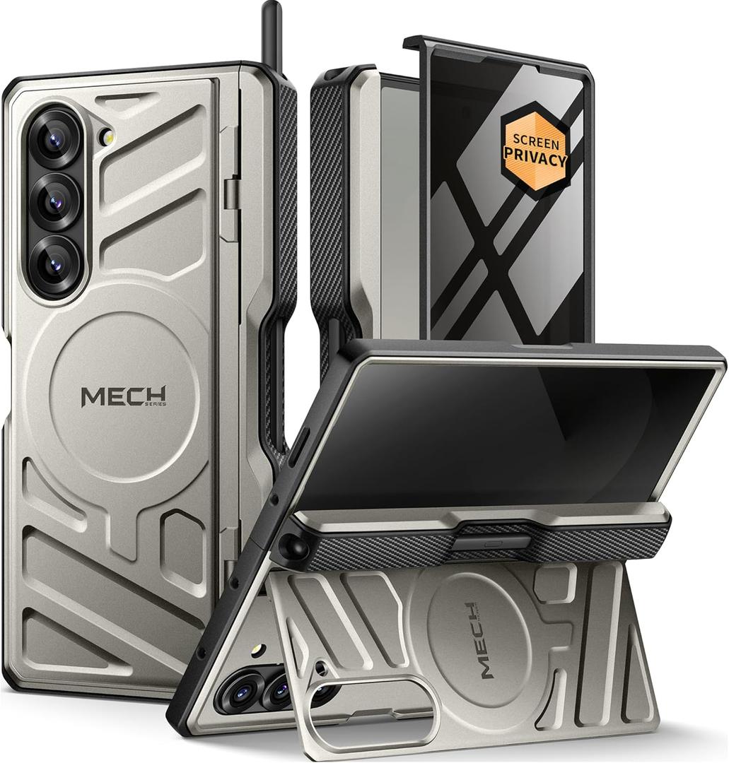 TONGATE for Galaxy Z Fold 6 Case with Privacy Screen Protector, [Compatible with MagSafe][Anti Spy] Shockproof Phone Case, Built-in Stand & Belt Clip & Hinge Cover for Samsung Z Fold 6 2025, Tigray