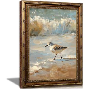 Gold Framed Coastal Wall Art,vintage bird Canvas print 24" L x 16" W | Beach Sandpiper Bird Oil Painting Rustic Animal picture Seaside Ocean Waves Canvas Decor for Beach House,Living Room