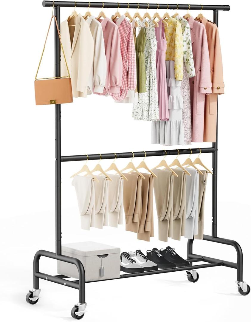 Abiglifty 2 Tier Clothing Rack with Adjustable Height, Heavy-Duty Double Rod Garment Rack, Freestanding Double Clothing Rack for Closet Organization, Bedroom, Living Room, Black
