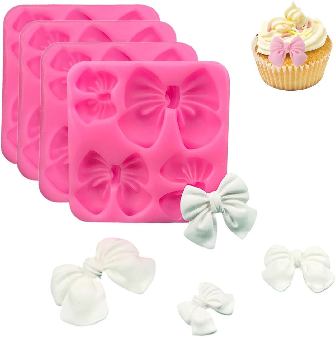 4 Pcs Bow Chocolate Mold, Bow Molds for Chocolate, Bow Silicone Mold, Candy Bows, Bow Molds Silicone, Bow Fondant Mold for Birthday Party DIY Cake Supplies Wedding Decoration (Pink,White)