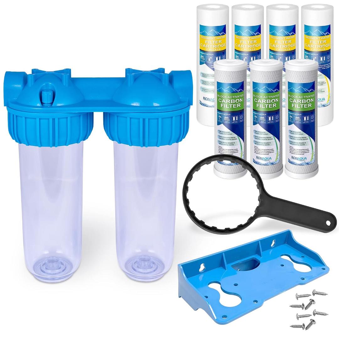 Dual Whole House Water Filter System, Transparent Standard Housings, Presser Relief Valve, 3/4 Inlet/Outlet Brass Port, Yearly supply of Sediment & Carbon Cartridges Meets NSF Standards & Regulations
