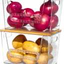 Set of 2 Pantry Organizers and Storage, Stackable Kitchen Counter Basket for Potato, Onion, Fruit, Vegetable, Produce, Clear Front Open Bins with Handle, Bamboo Top