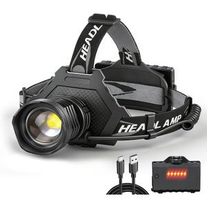 Bud K LED Headlamp USB Rechargeable, Head Lamp XHP70 Super Bright 90000 High Lumen with 5 Modes, Batteries Included, Zoomable, Waterproof Headlight for Camping Hunting Running Fishing Biking (Black)