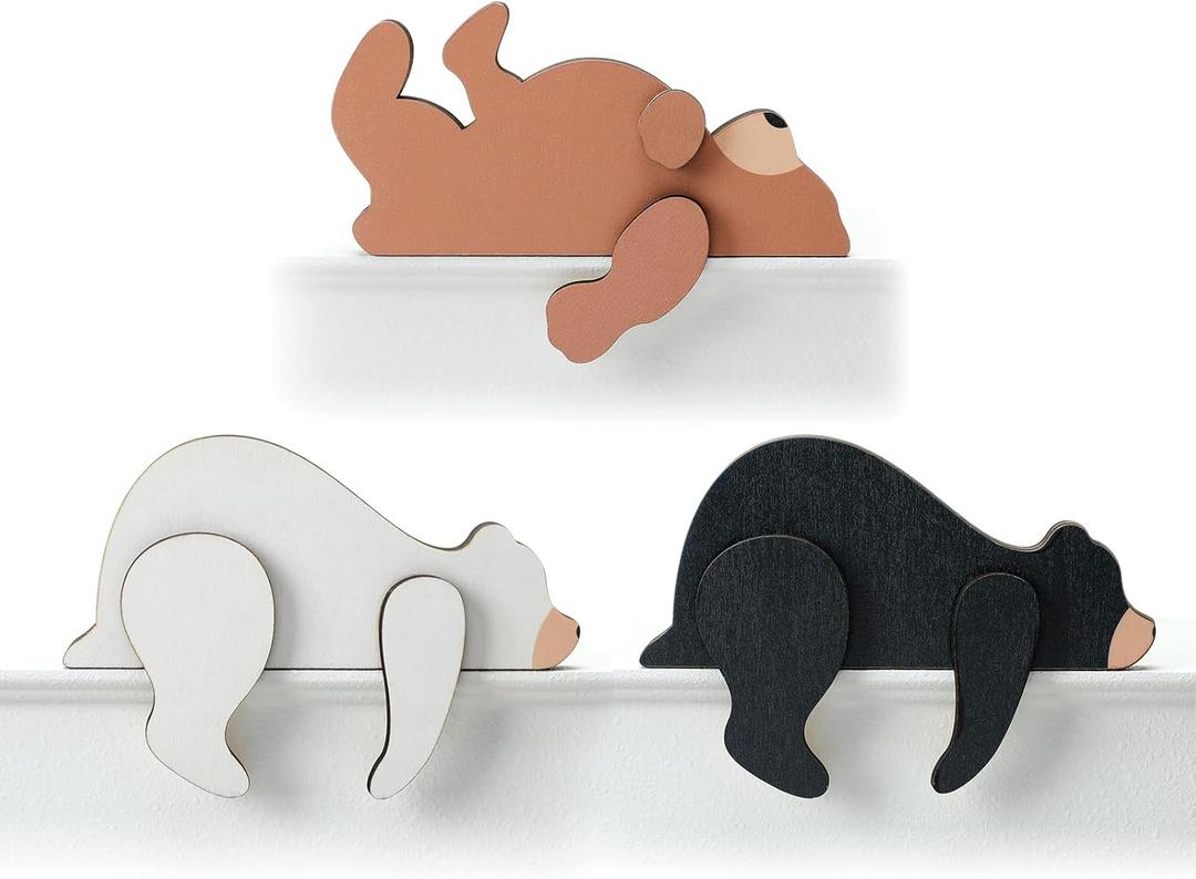 3 Pcs Forest Woodland Nursery Decor for Wooden Bear Door Topper Decoration Wilderness Sleeping Wooden Bears 3 Color Sleeping Bear Nursery Shelf Decor for Door Table Desk