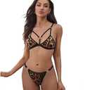 Women's Two Piece Love Loop Lingerie Leopard Print Cheeky Bikini Sets Sexy Halter Ring Triangle String (Black, M)