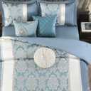 CozyDH Jacquard Queen Comforter Set, Blue White - Luxury 7Pc Bed in a Bag