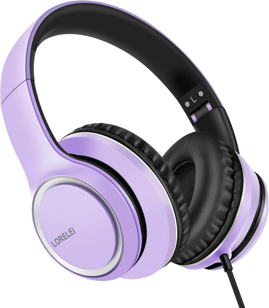 LORELEI X8 Over-Ear Wired Headphones with Microphone with 1.45m-Tangle-Free Nylon Line&3.5mm Plug, Lightweight Foldable & Portable Headphones for Smartphone, Tablet, Computer, Mp3/ 4(Dark Purple)