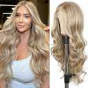 SAPPHIREWIGS Ash Blonde Lace Front Wig 13x4 Synthetic Lace Front Wigs Pre Plucked Highlight Milk Tea Blonde Glueless Long Wavy Wigs for Women Daily Party Use 26 inch