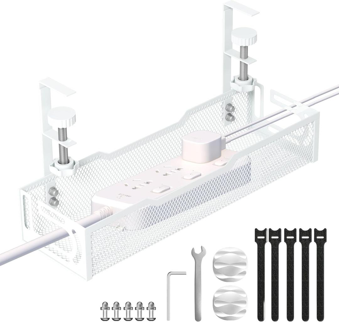 Under Desk Cable Management Tray, No Drill Mesh Desk Cable Tray, Wire Management Tray Cable Management Rack, Wire Organizer and Cable Management Box (White) (1Pack-White (15.3''))
