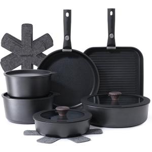 SENSARTE 17 Piece Pots and Pans Set, Nonstick Detachable Handle Cookware Set, Induction Kitchen Cookware Set with Removable Handle, Healthy Non Stick for RV, Dishwasher  Oven Safe, PFOA Free (Black)