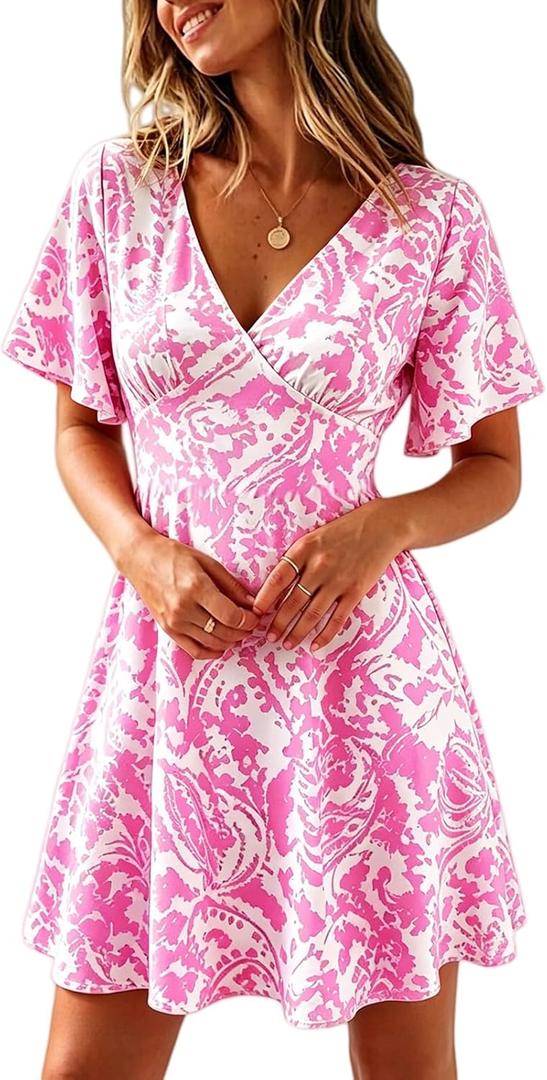 Casual Summer Dresses for Women Short Sleeve V Neck A Line Floral Mini Dress Flowy Beach Vacation Sundresses 2026 (Pink, XL)