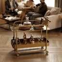 Tempered Glass Bar Cart with Wine Bottle Grid, 10mm Clear Glass Shelf, Rolling Drink Cart with Metal Frame, Glass Top & Wood Shelf, Wood Handle, Locking Wheels, Gold