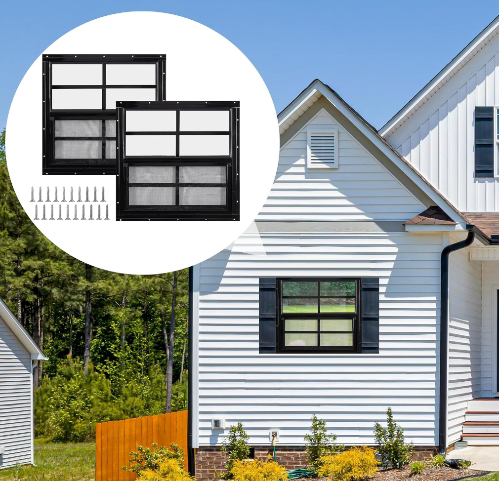 Yuzzy 16" x 16" Shed Windows with Tempered Glass and Fiberglass Screen, 2 Pack Small Sliding Windows for Shed, Chicken Coop, Playhouse, Household, Garage, Barns (Black)