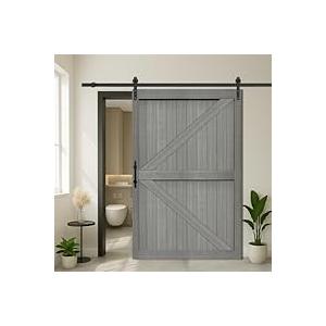 S&Z tophand 54 in. x 84 in. Light Gray British Brace Knotty Barn Door with 10FT Sliding Door Hardware Kit/Double Sided Door Handle/Solid Wood/Sliding Door/Double Surfaces/Simple Assembly is Required