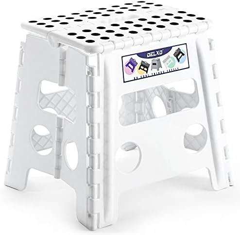 Delxo 13" Folding Step Stool for Kids and Adults, Non-Slip Foldable Step Stools with Handle,Plastic Portable Folding Stool for Bathroom,Bedroom,Kitchen,Hold up to 300lbs White