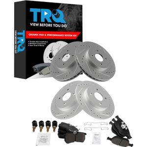 TRQ Front and Rear Brake Pad and Rotor Set Ceramic G Coated Drilled Slotted Rotors Compatible with 2002-2004 Ford Focus SVT