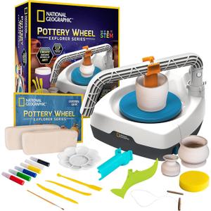 NATIONAL GEOGRAPHIC Pottery Wheel for Kids Complete Pottery Kit for Beginners, Plug-in Motor, 2 lbs. Air Dry Clay, Sculpting Clay Tools, Apron & More, Patented Design, Craft Kit 