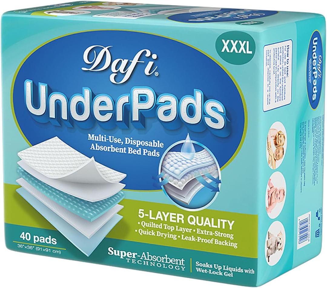 DAFI Disposable Bed Pads Extra Large 36”x 36”(40 Count) Adult Incontinence Underpads, Effective Odor Control Pee Pads, Chucks Pads, Super Absorbent Protection for Elderly, Adults, Baby